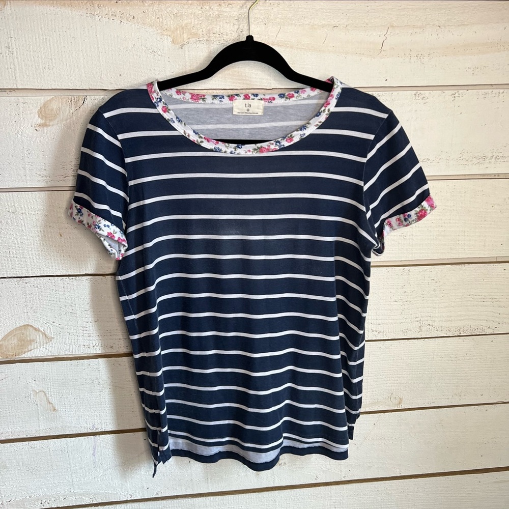 Anthropologie T.la blue/white striped floral cuffed tee shirt size XS